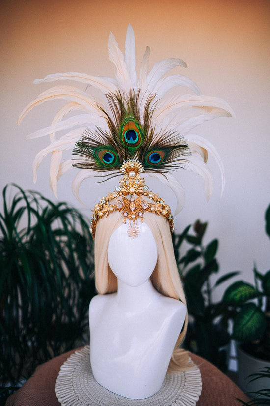 White Peacock Feather Crown, Boho Festival Headpiece, Gold Showgirl Tiara, Carnival Costume Crown, Statement Party Headpiece