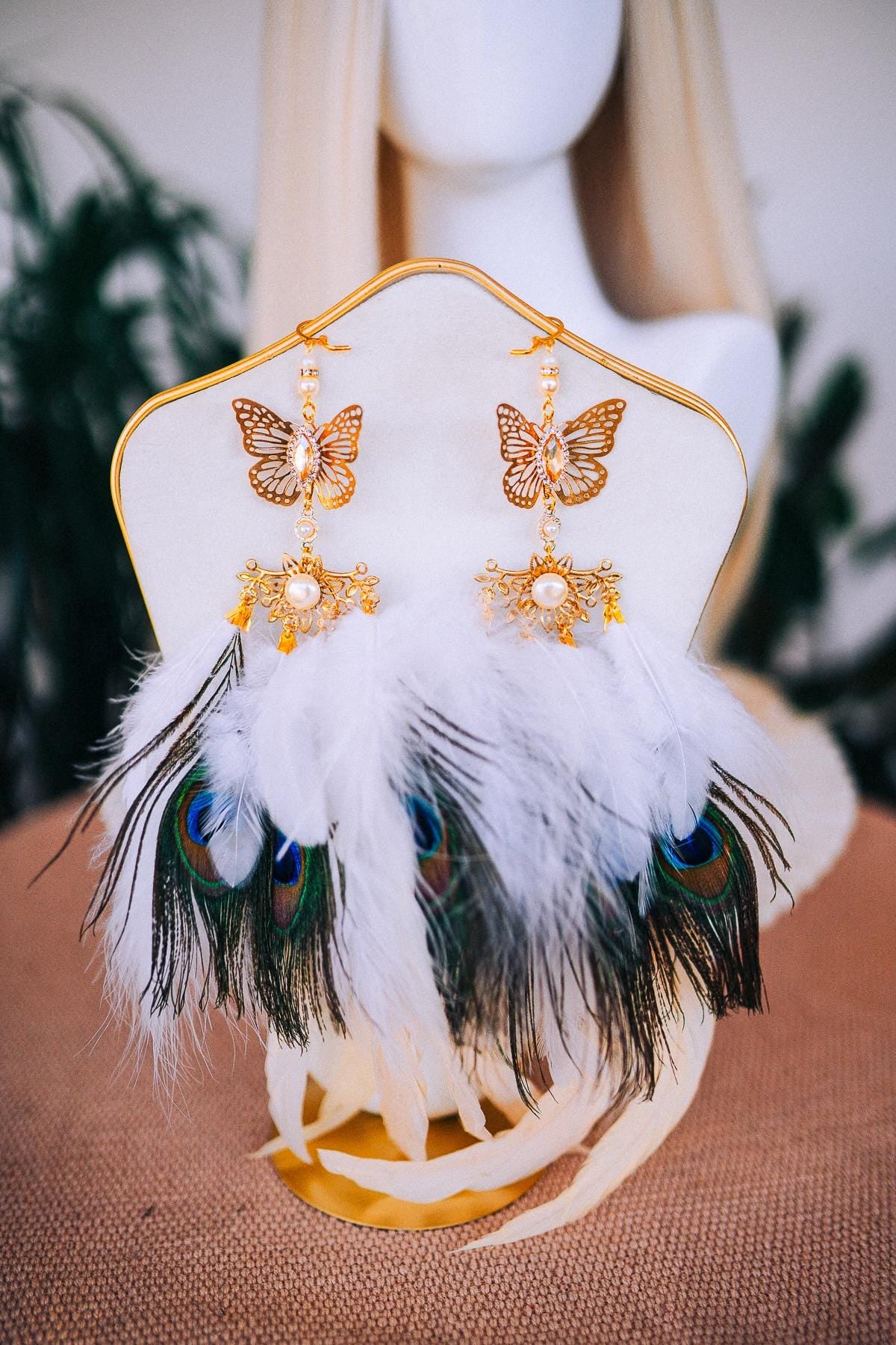 White Feather Earrings, Peacock Festival Earrings, Gold Showgirl Jewelry, Boho Carnival Accessories, Party Statement Earrings