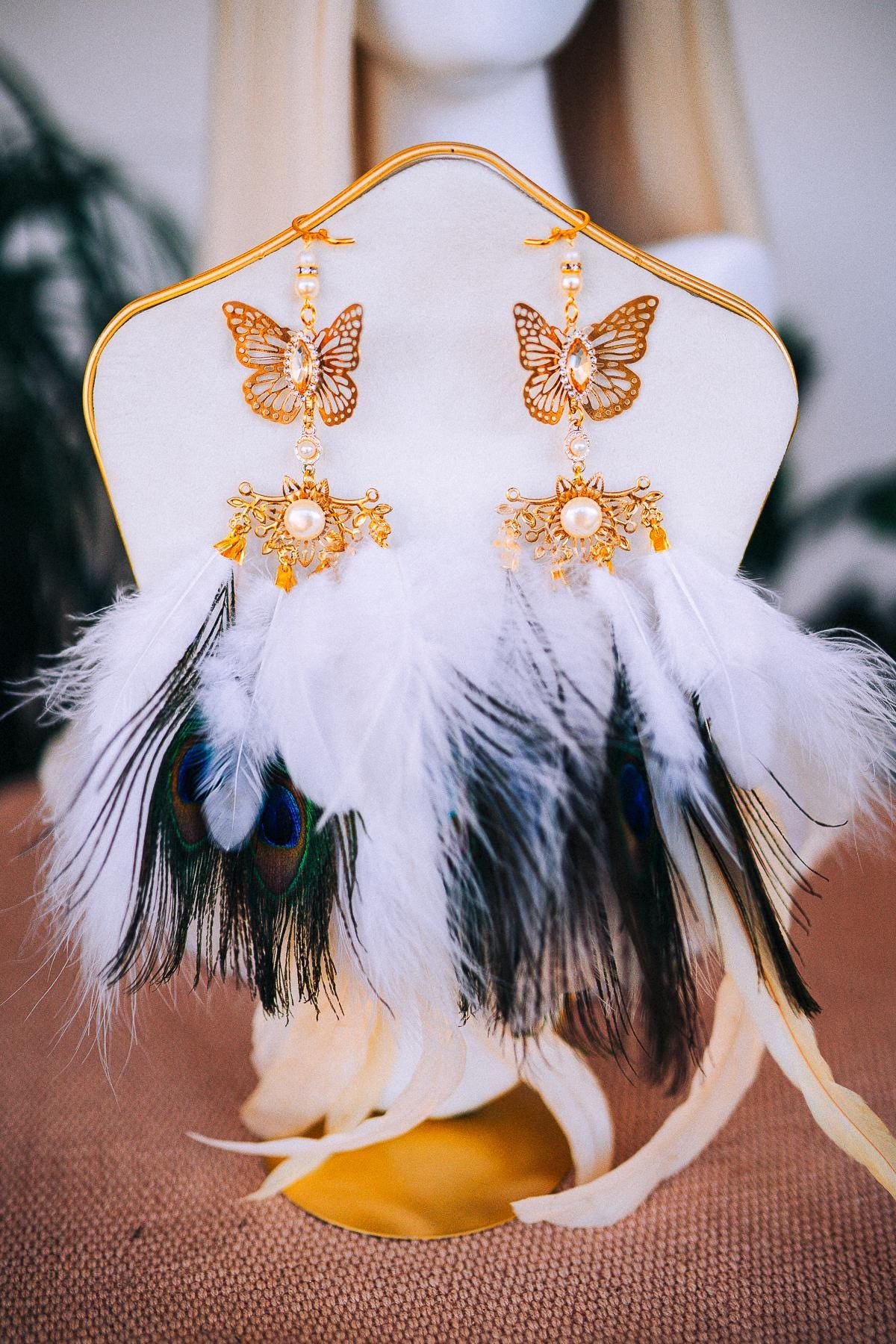 White Feather Earrings, Peacock Festival Earrings, Gold Showgirl Jewelry, Boho Carnival Accessories, Party Statement Earrings