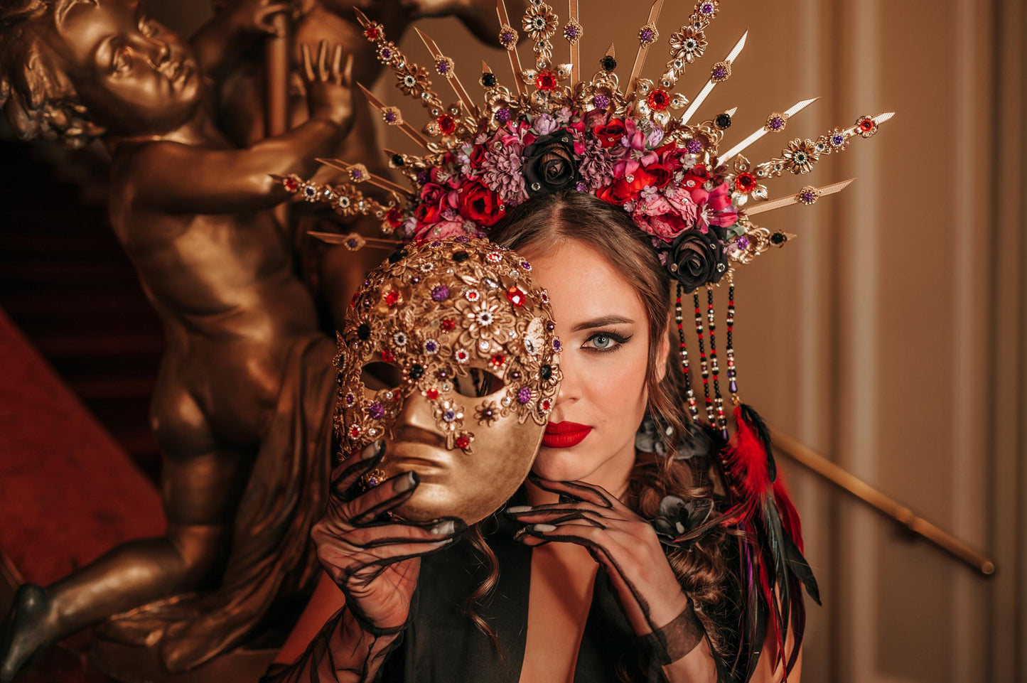 Carnival Halo Crown, Gold Headdress, Red Black Tiara, Masquerade Headpiece, Festival Halo, Venetian Costume, Gothic Baroque Accessory