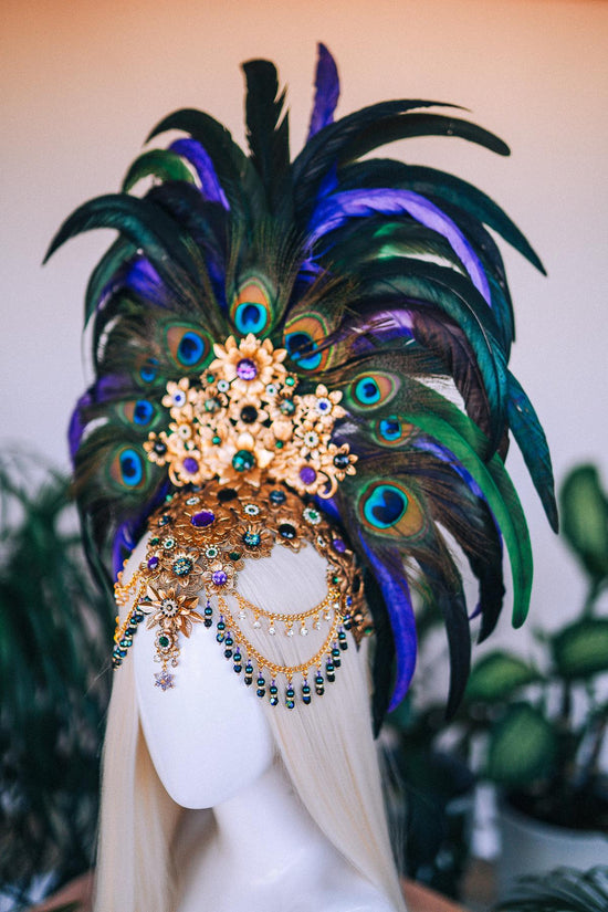 Carnival Peacock Feather Crown, Festival Headpiece with Earrings, Burlesque Showgirl Costume, Boho Peacock Tiara, Party Costume Accessories