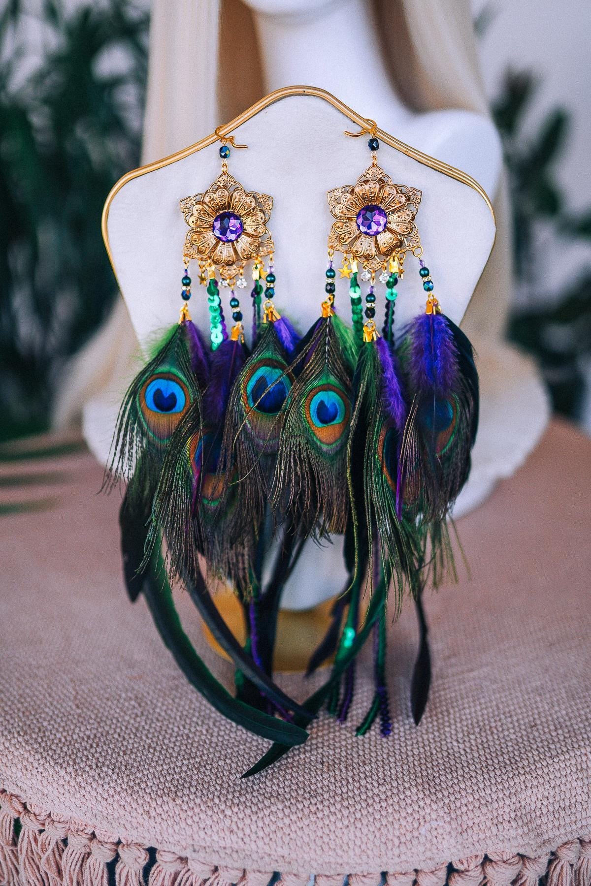 Peacock Feather Earrings, Festival Earrings, Burlesque Showgirl Jewelry, Boho Statement Earrings, Carnival Costume Accessories