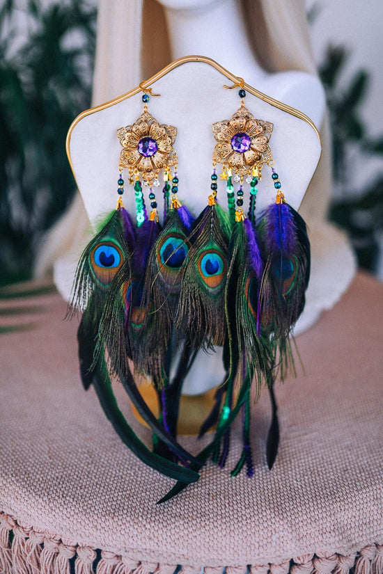 Peacock Feather Earrings, Festival Earrings, Burlesque Showgirl Jewelry, Boho Statement Earrings, Carnival Costume Accessories