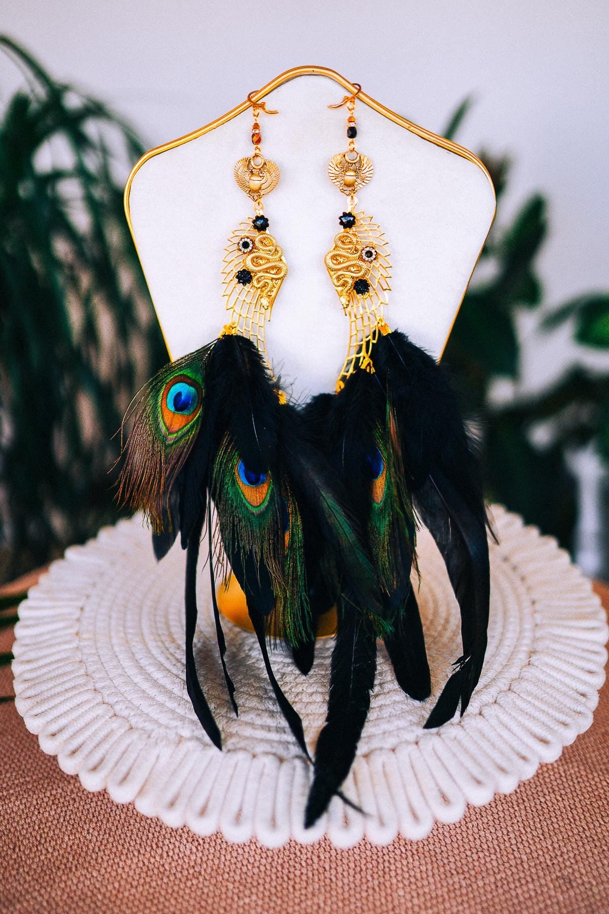 Cleopatra Feather Earrings, Golden Cobra Earrings, Egyptian Style Earrings, Carnival Earrings, Peacock Feather Earrings, Mardi Gras Jewelry