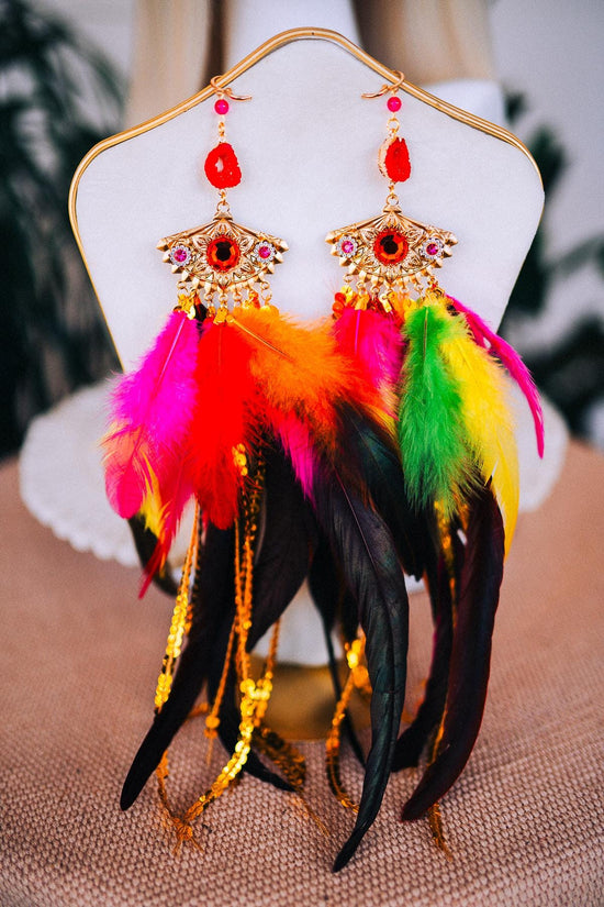 Red Feather Earrings, Festival Jewelry, Carnival Earrings, Showgirl Costume Accessories, Boho Earrings, Party Jewelry, Floral Earrings