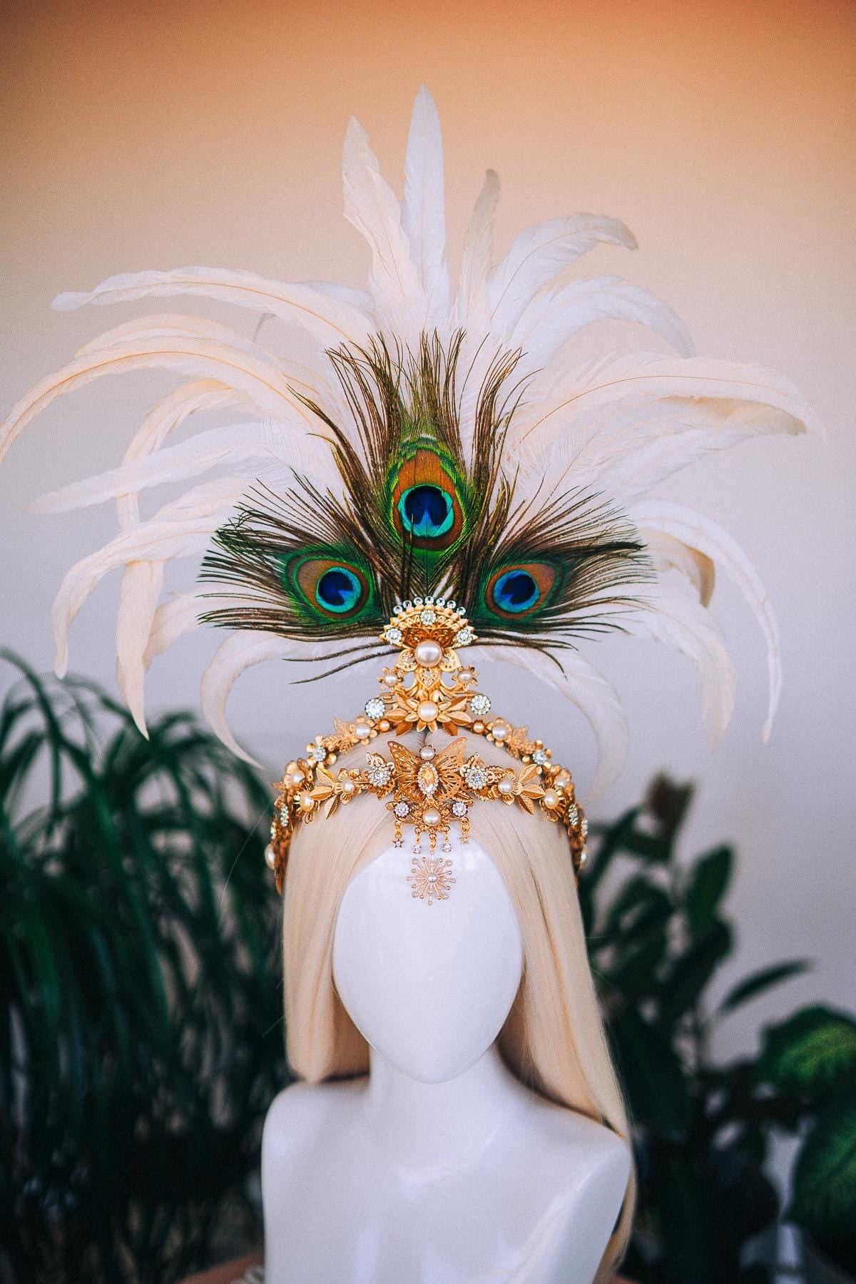 White Peacock Feather Crown, Boho Festival Headpiece, Gold Showgirl Tiara, Carnival Costume Crown, Statement Party Headpiece