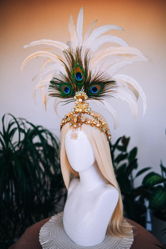 White Peacock Feather Crown, Boho Festival Headpiece, Gold Showgirl Tiara, Carnival Costume Crown, Statement Party Headpiece