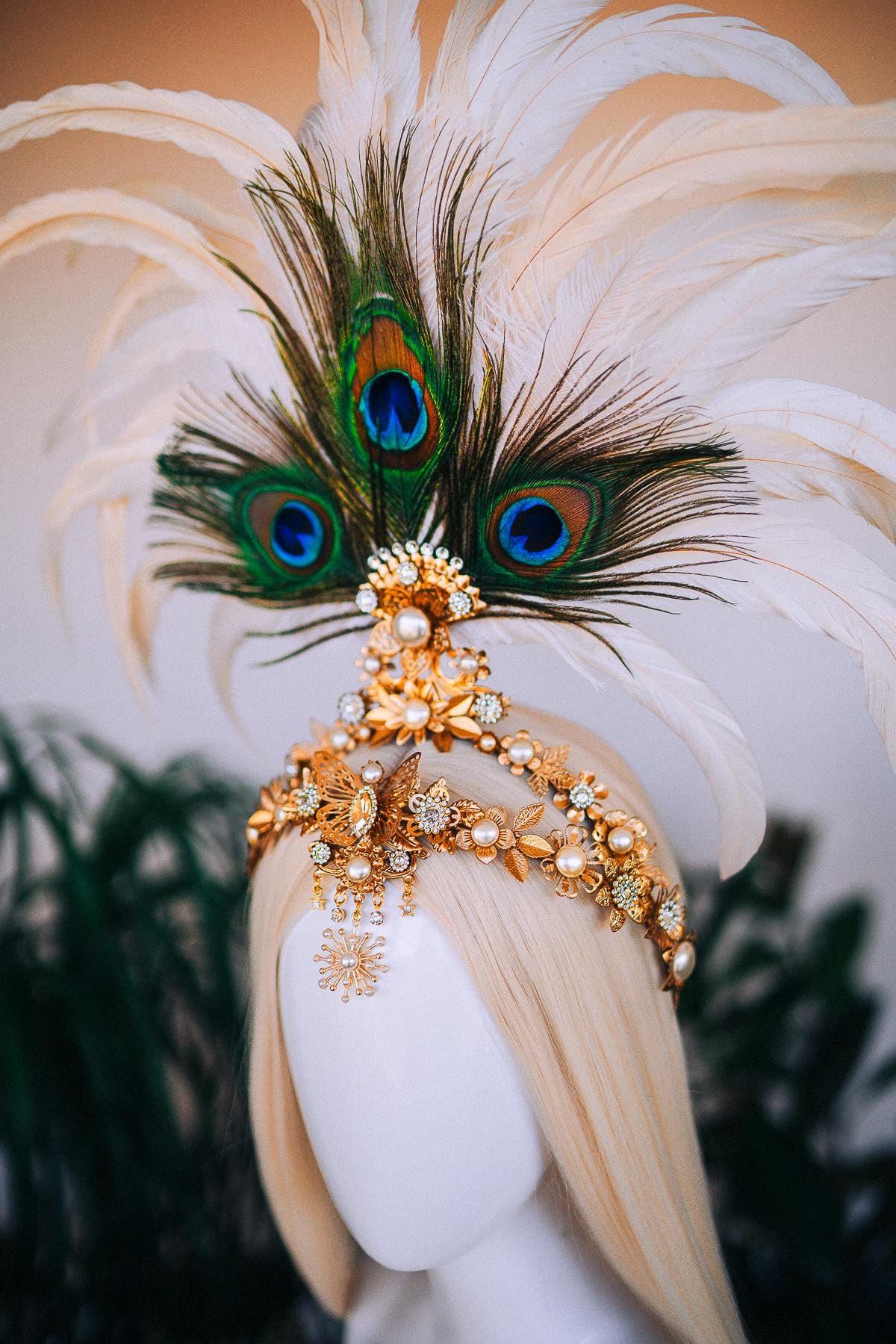 White Peacock Feather Crown, Boho Festival Headpiece, Gold Showgirl Tiara, Carnival Costume Crown, Statement Party Headpiece