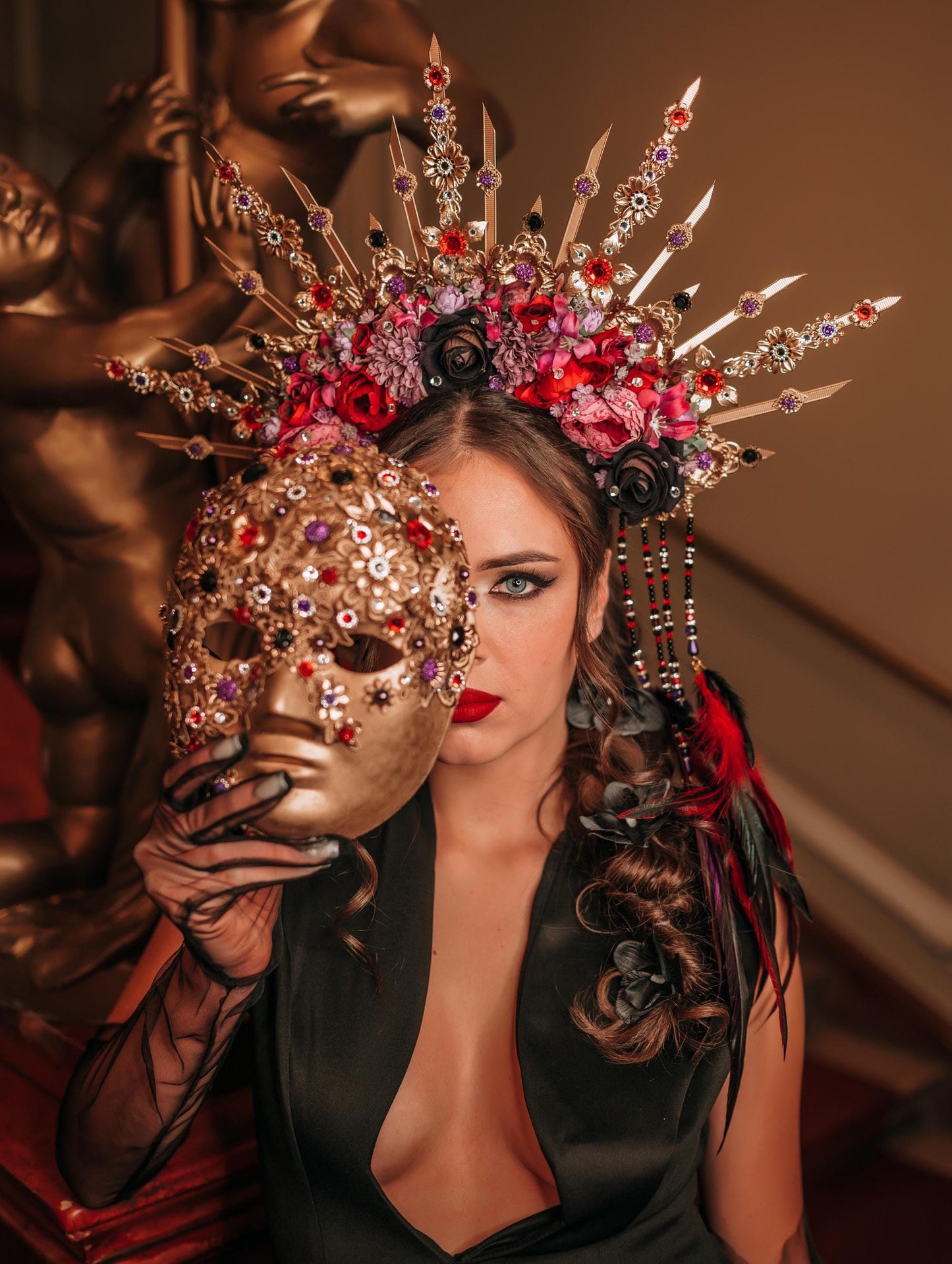 Carnival set -Halo crown, Venetian Mask, Flower hair pins