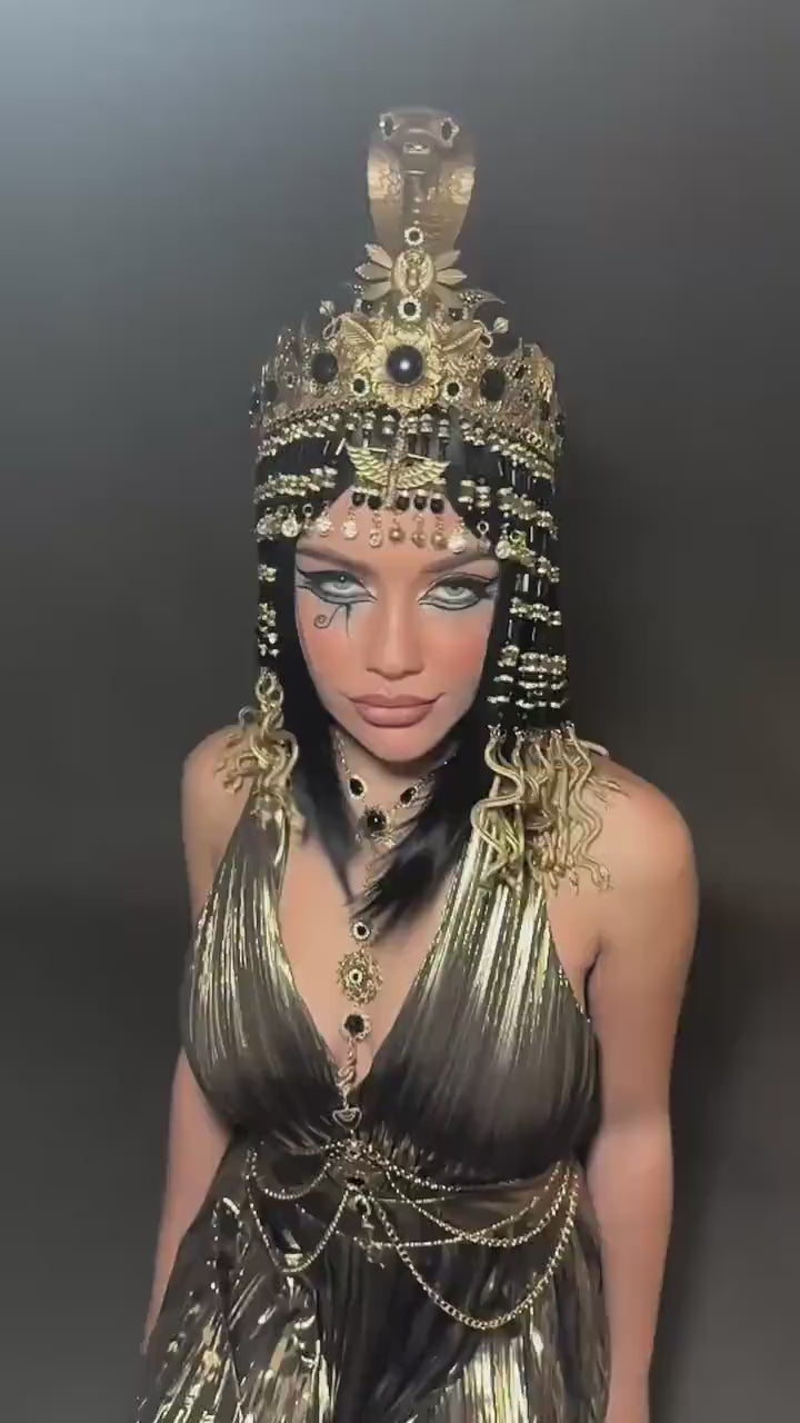 Load and play video in Gallery viewer, Cleopatra Crown, Cobra Crown, Egyptian Jewelry, Harness Necklace, Snake Necklace, Carnival Costume, Mardi Gras Jewelry,Halloween Accessories
