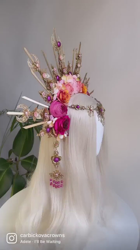 Flower halo crown, Pink flower crown, Goddess halo crown, Bridal flower crown, Wedding crown, Gold crown, Hair accessories, Fairy crown