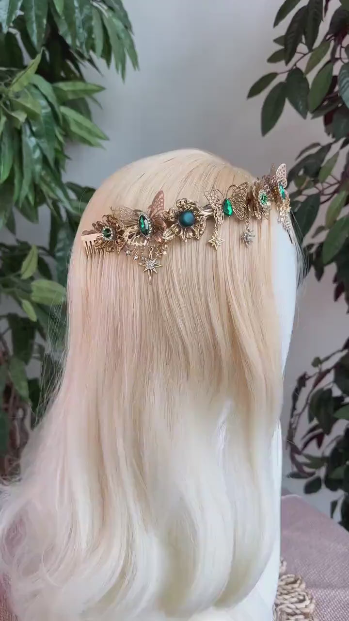 Butterfly Tiara, Gold Crown with Green Crystals Stars, Elegant Bridal Headpiece for Weddings Festivals Occasions, Luxury Handmade Accessory