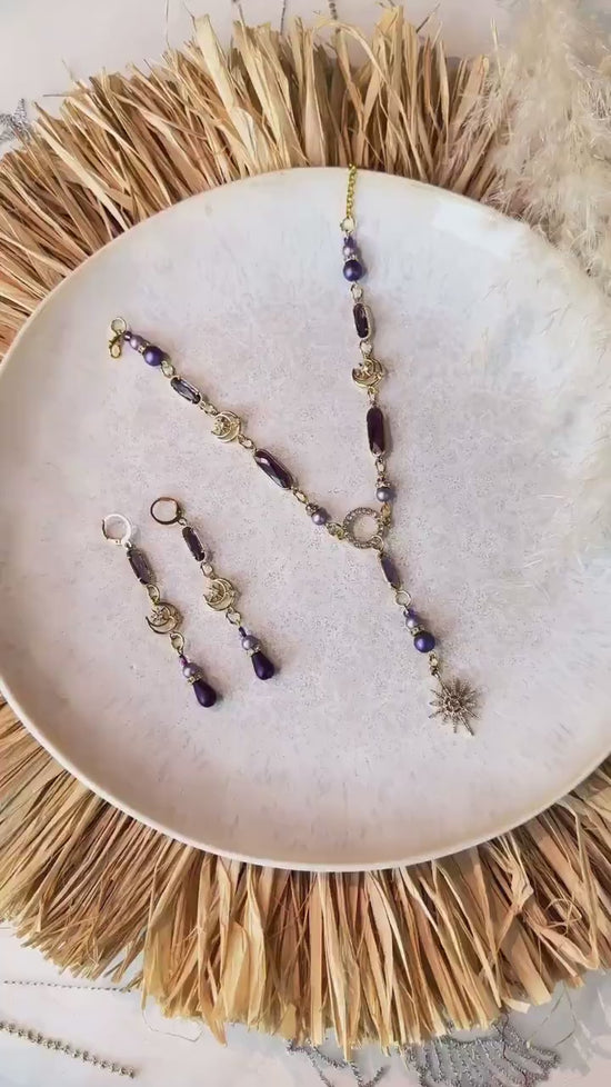 Load and play video in Gallery viewer, Star necklace Lavender necklace Celestial jewellery Choker Boho jewellery Moon necklace Locket Fairy jewellery Pearl choker Boho jewellery
