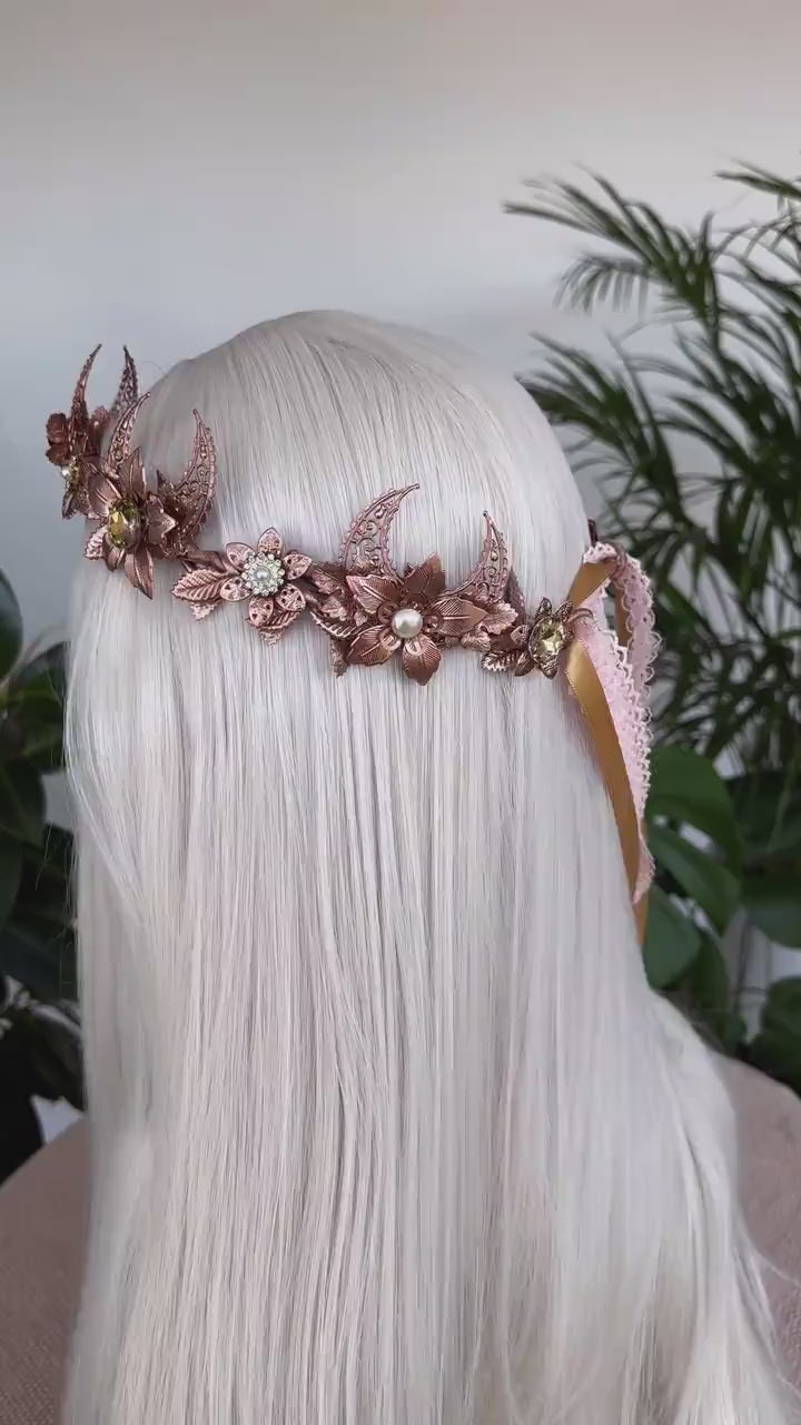 Load and play video in Gallery viewer, Rose gold moon crown, Flower crown, Elf Crown, Elven tiara, Fairy Crown, Flower Crown, Wedding Tiara, Bridal headpiece, Flower hair wreath
