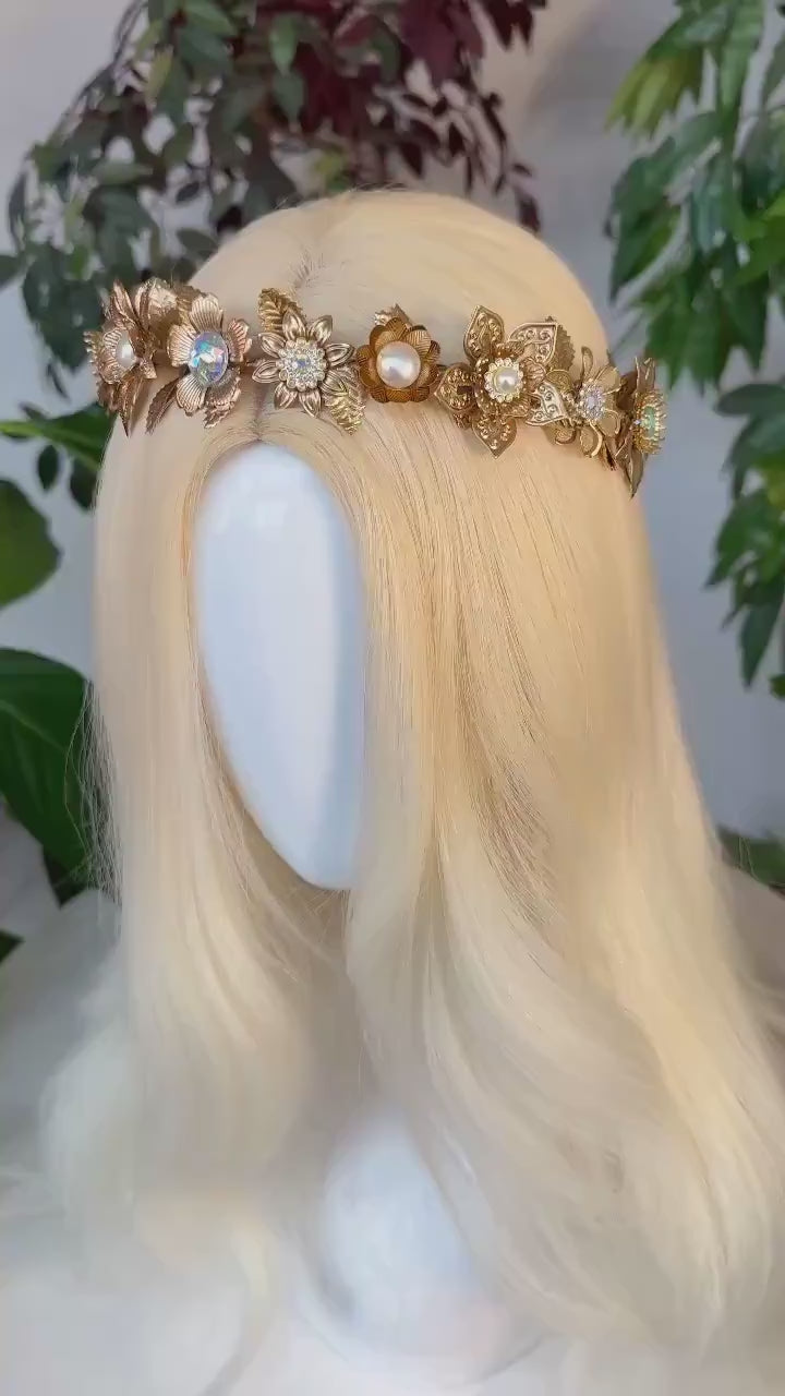 Load and play video in Gallery viewer, Elf Crown Moon Child Celestial Gold Tiara Festival Headpiece Fairy Crown Flower Crown Wedding Tiara Boho bride Flower Headband Boho Style
