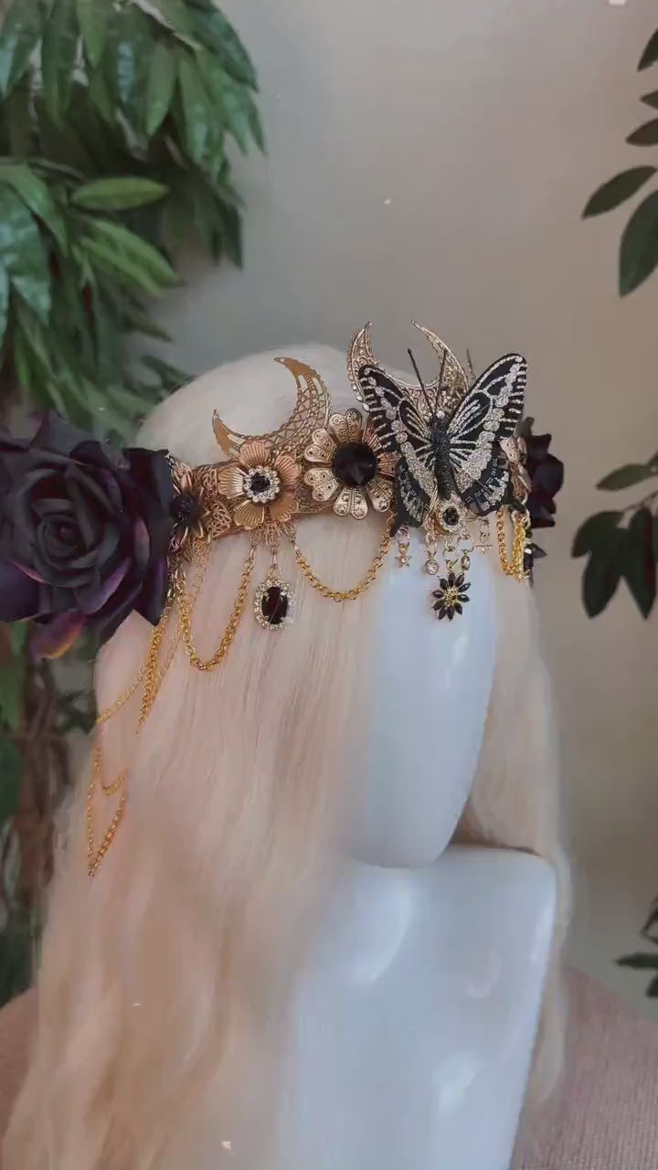 Gold butterfly crown with black roses, Butterfly crown, Butterfly headpiece, Wedding crown, Halloween costume, Fairy crown, Flower crown