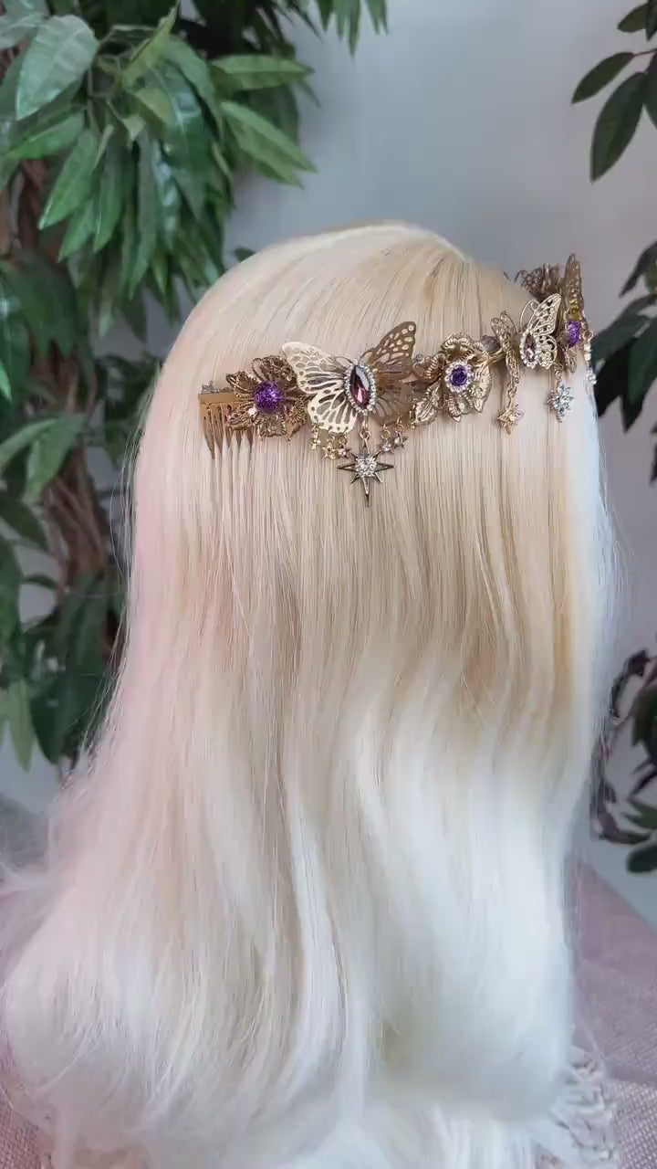 Butterfly Flower Tiara, Gold Headpiece with Crystals Stars Butterflies, Luxury Bridal Crown for Weddings Festivals Special Occasions