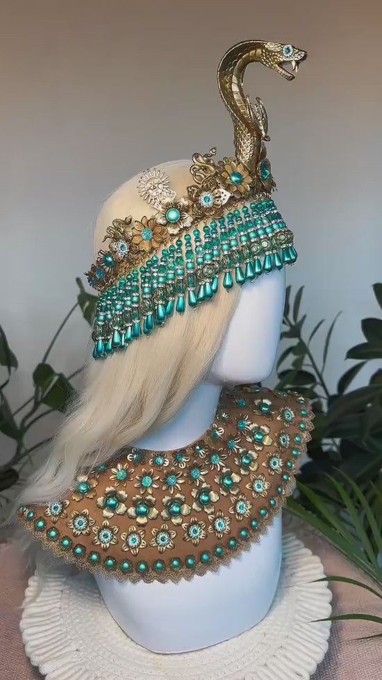 Load and play video in Gallery viewer, Golden Cobra Crown, Cleopatra Headdress, Turquoise Pearl Crown, Egyptian Goddess, Festival Accessory, Carnival Crown, Mardi Gras Headpiece
