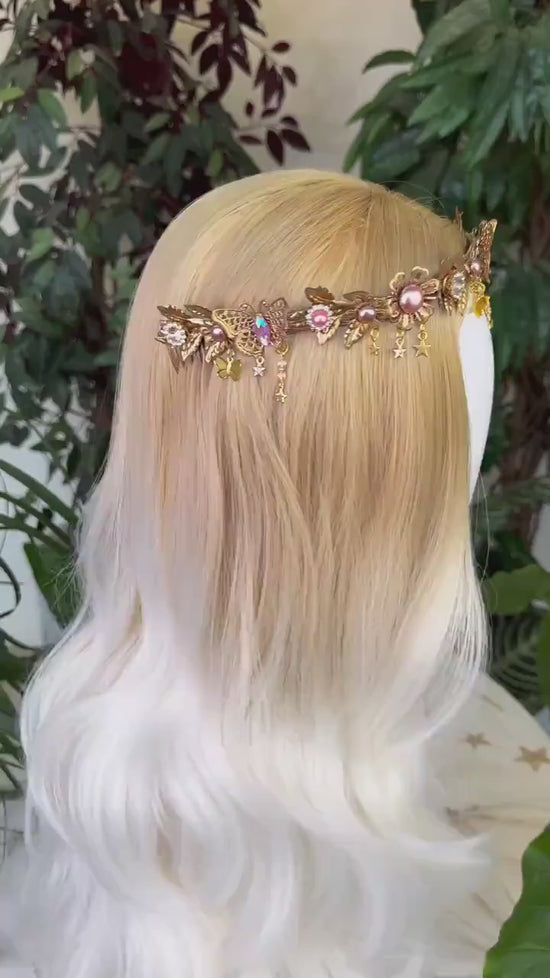 Butterfly Flower Tiara, Gold Headpiece with Pink Pearls Crystals Stars, Elegant Bridal Crown for Weddings Festivals Special Occasions