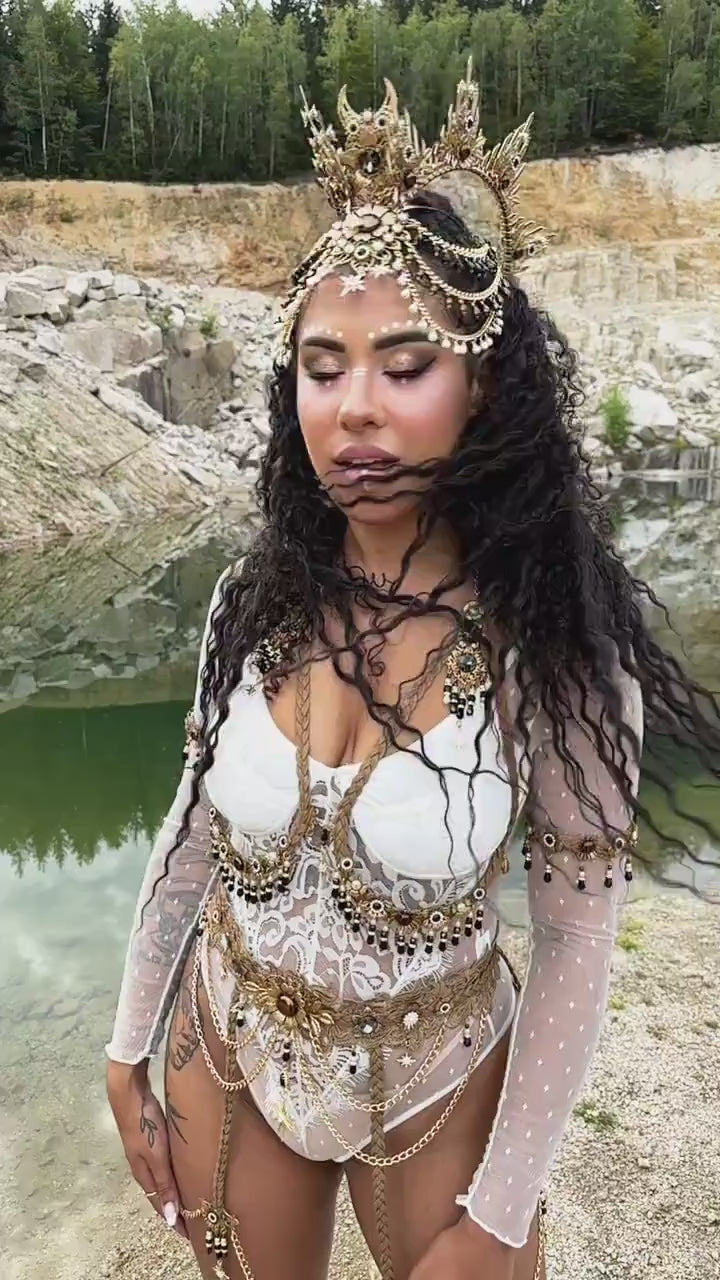 Load and play video in Gallery viewer, Gold faux leather bra, Festival top, Festival bra, Boho jewelry,  Festival outfit, Shaman jewelry, Halloween costume, Rave outfit
