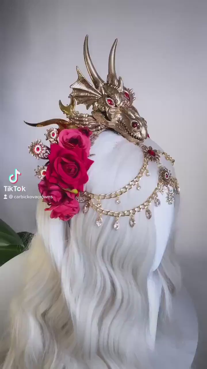 Load and play video in Gallery viewer, Dragon Crown, Flower Headband, Headpiece, Dracarys Crown, Tiara, Burning Man, Festival, Burning man, Halloween make-up, Halloween Costume
