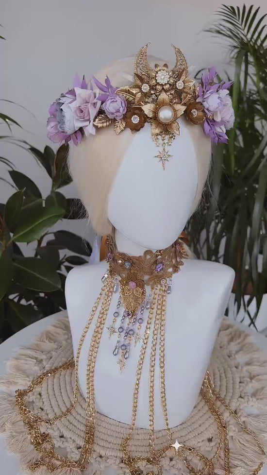 Lavender flower crown, Fairy crown, Purple flower crown, Flower crown, Necklace, Choker, Gold necklace, Boho jewelry, Wedding crown