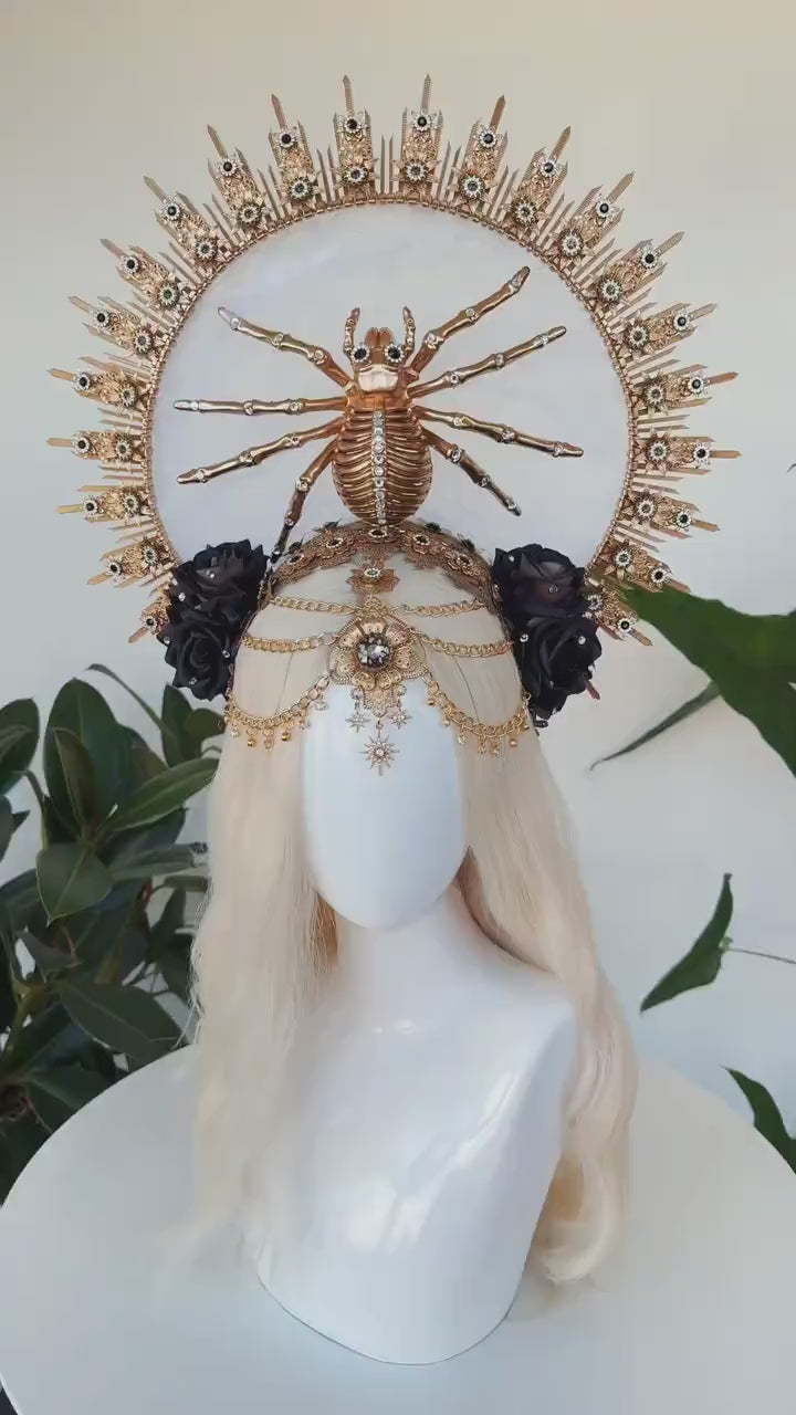 Load and play video in Gallery viewer, Halloween costume, Halloween headband, Halloween headpiece, Day of the Dead, La Catrina crown, Sugar skull, Spider crown, Gold halo crown
