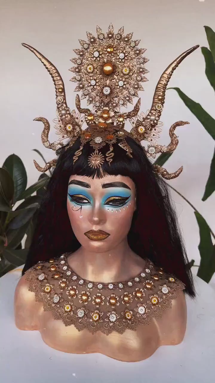 Load and play video in Gallery viewer, Cleopatra Crown, Egyptian Sun Headdress, Festival Accessories, Gold Horned Headpiece, Carnival Costume, Halloween Queen Crown,Carnival crown
