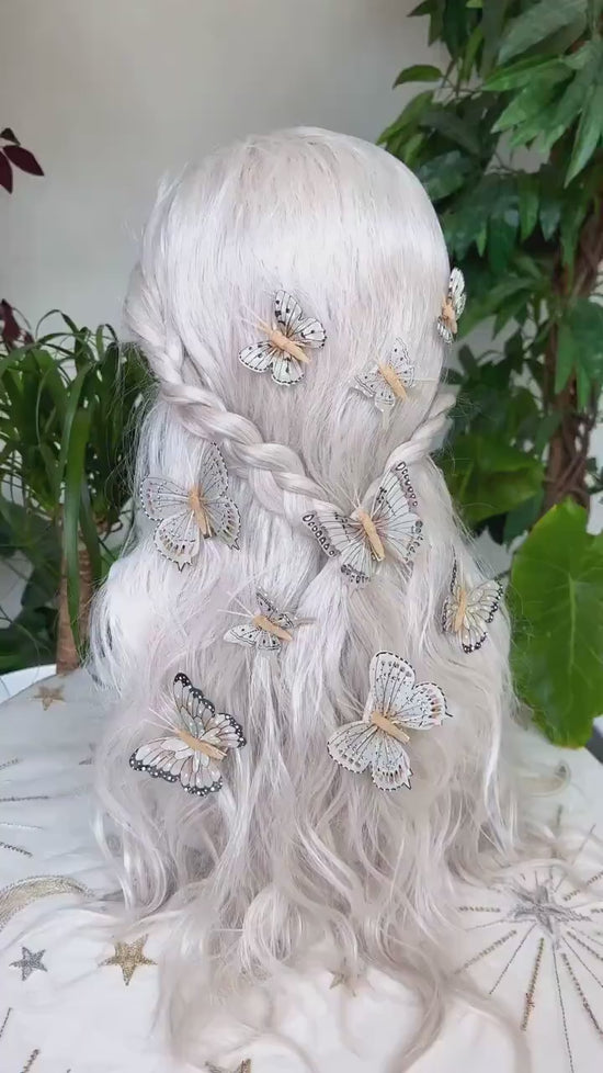 Load and play video in Gallery viewer, READY TO SHIP Butterfly hair clips Boho hair accessories Jewellery Hairpins Bridal headpiece Festival hair Butterflies in hair Fairy hair
