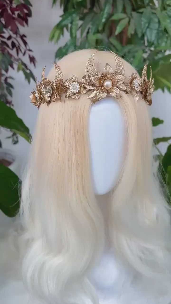 Gold moon crown, Gold flower crown, Elf Crown, Elven tiara, Fairy Crown, Flower Crown, Wedding Tiara, Bridal headpiece, Flower hair wreath