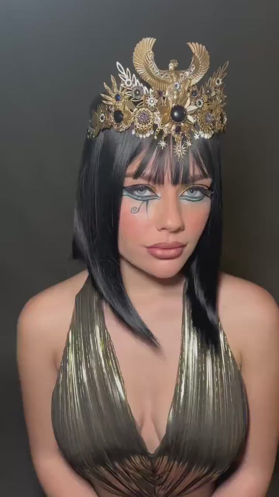 Load and play video in Gallery viewer, Cleopatra Tiara, Egyptian Crown, Festival Headpiece, Gold Statement Crown, Halloween Tiara, Mardi Gras Costume, Luxurious Headpiece
