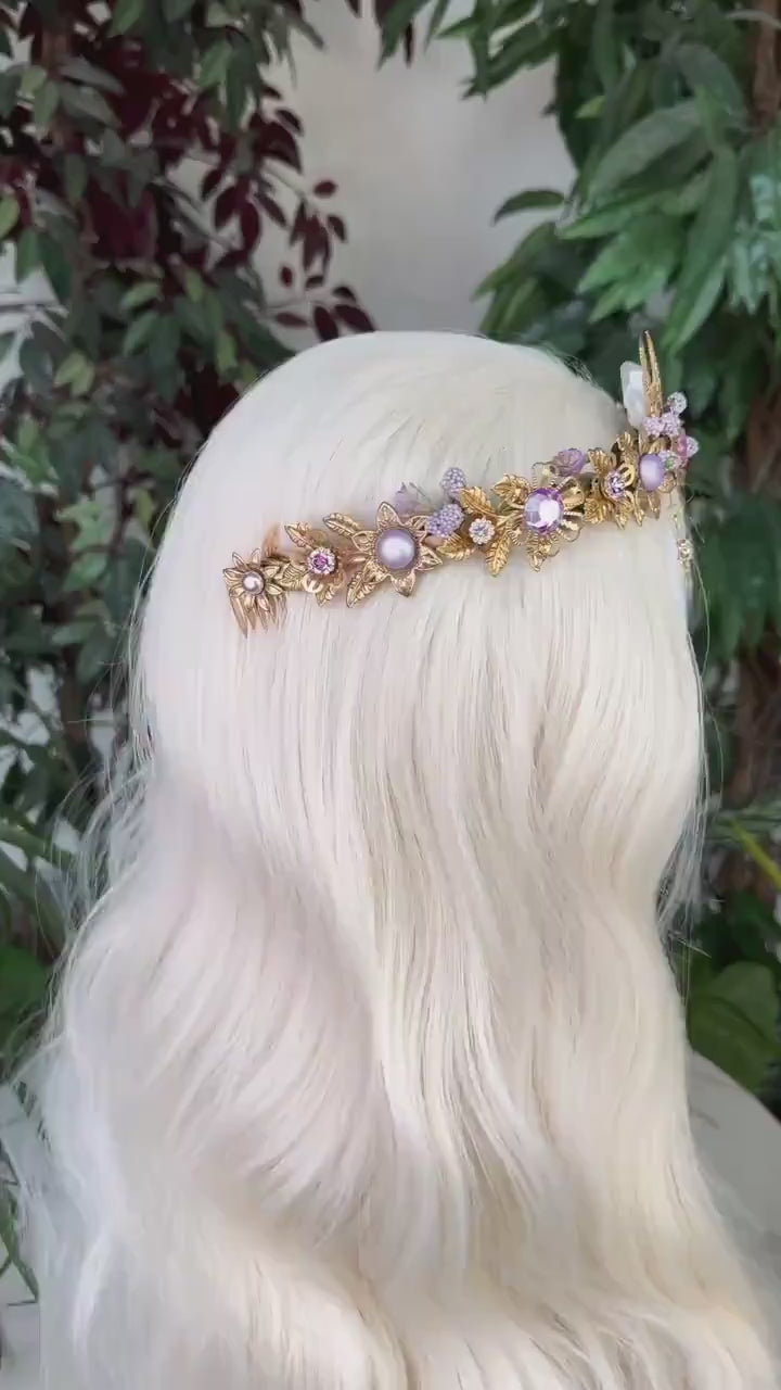 Moon Flower Tiara, Gold Headpiece with Purple Crystals Pearls Celestial Stars, Elegant Bridal Crown for Weddings Festivals Occasions