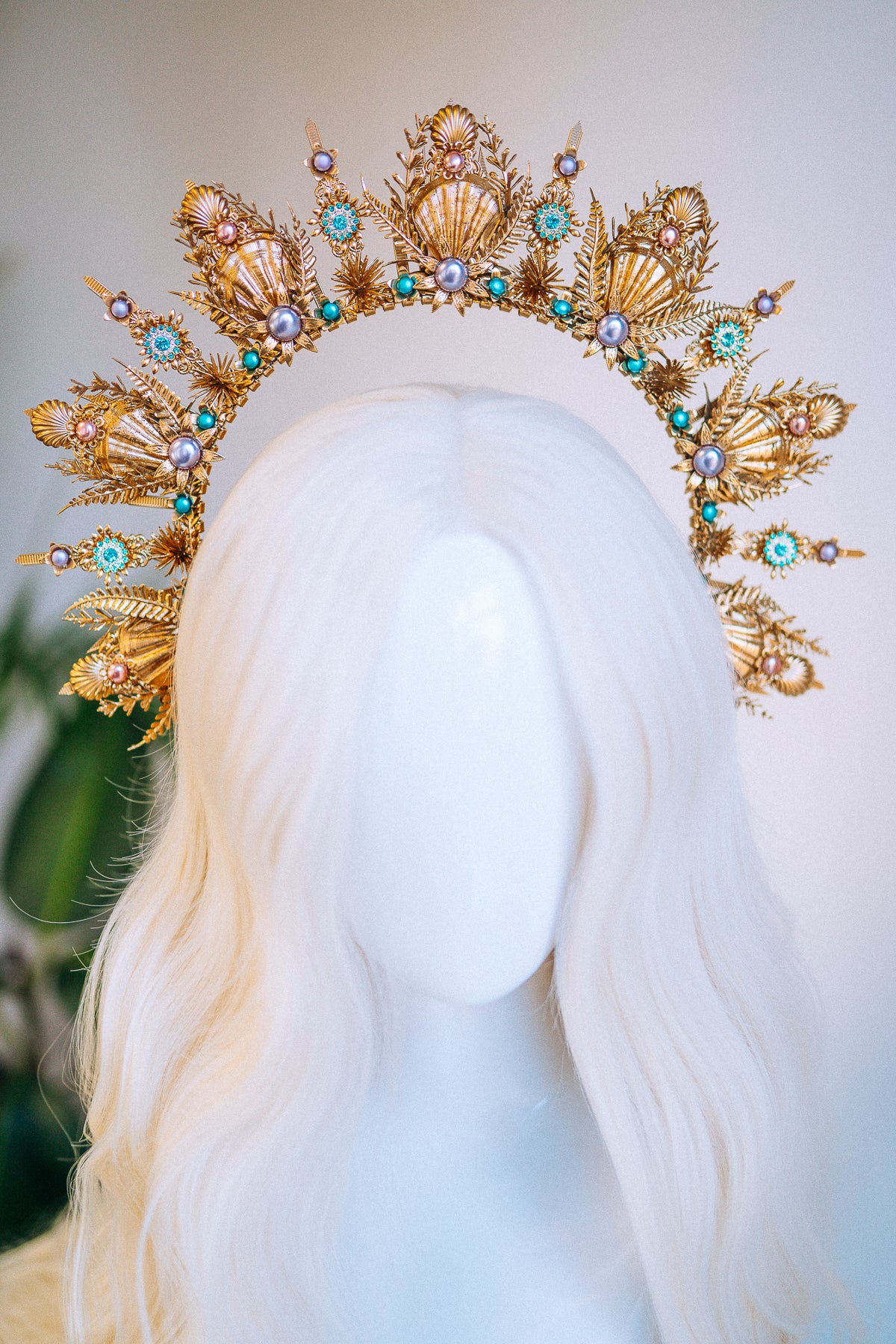 Mermaid headdress shells, gold, red hair, pearls on Craiyon