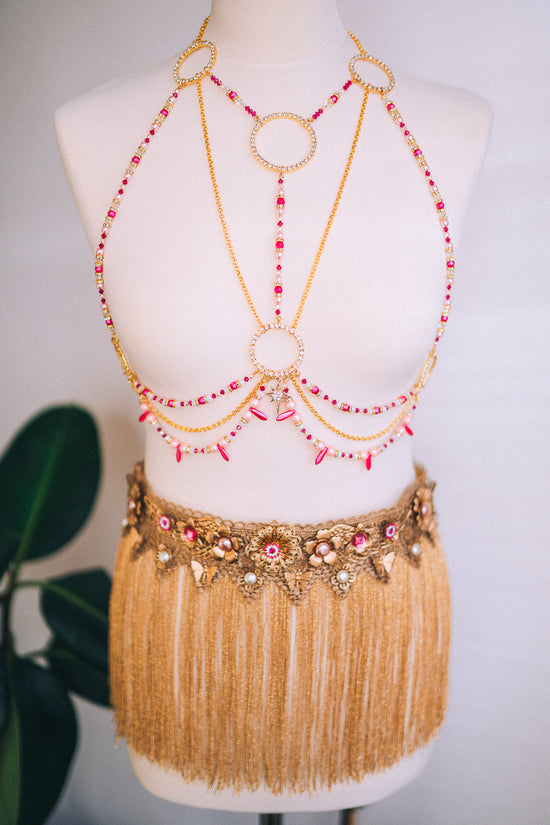 Pink Virgo Sign Belt Gold Tassels Festival Belt Coachella Burning Man Style